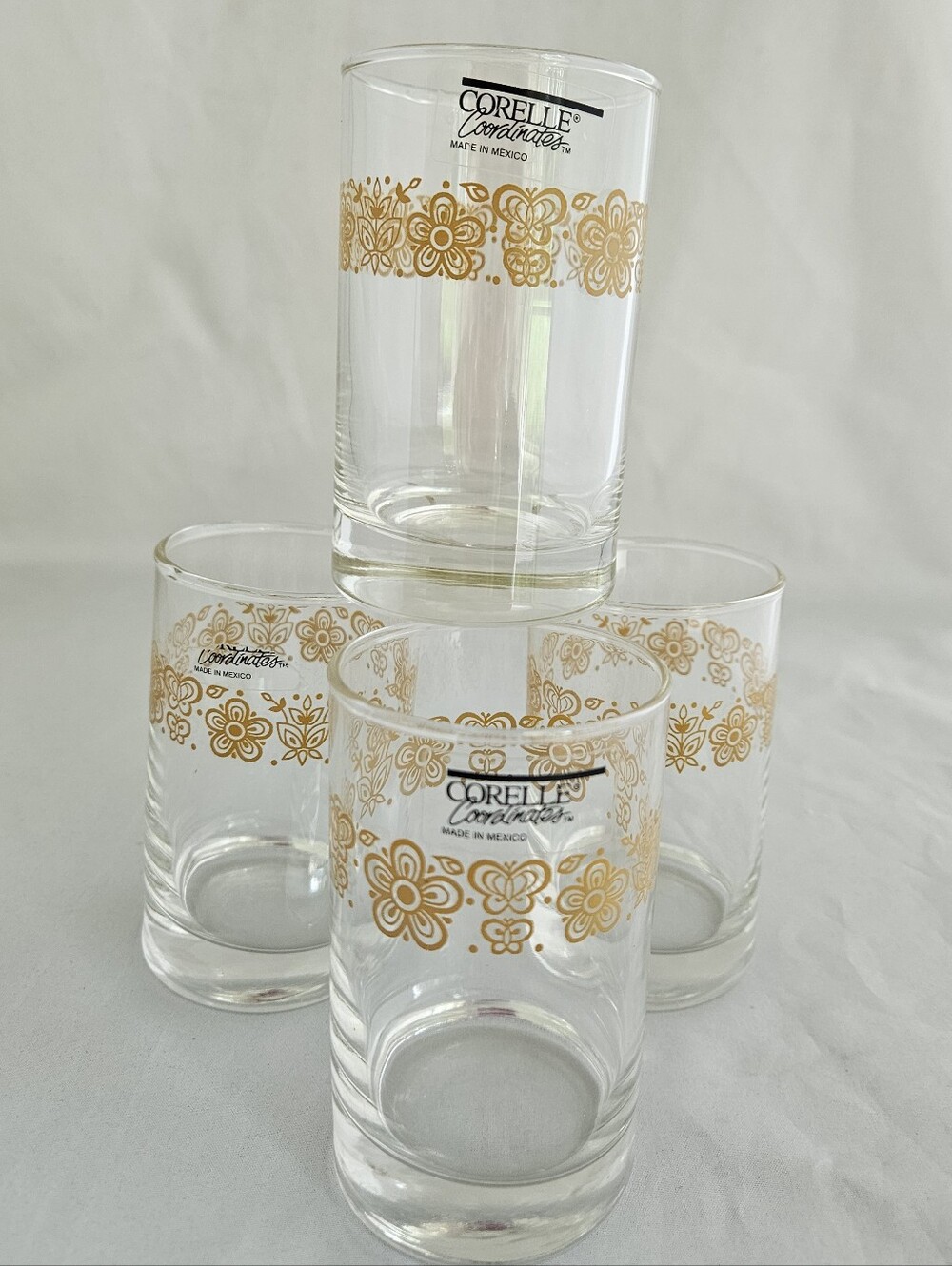 Corelle Corning HTF With Orig. Tags BUTTERFLY GOLD 6oz. Juice GLASSES 4"  Setof4